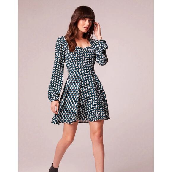 BAND OF THE FREE BOG M Dress Genevieve Teal Diamond Smocked Back Fit & Flare NEW - Picture 1 of 6